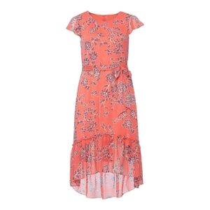 Jessica Howard Coral Floral Ruffle Midi Dress Size 12 Belted Lined
